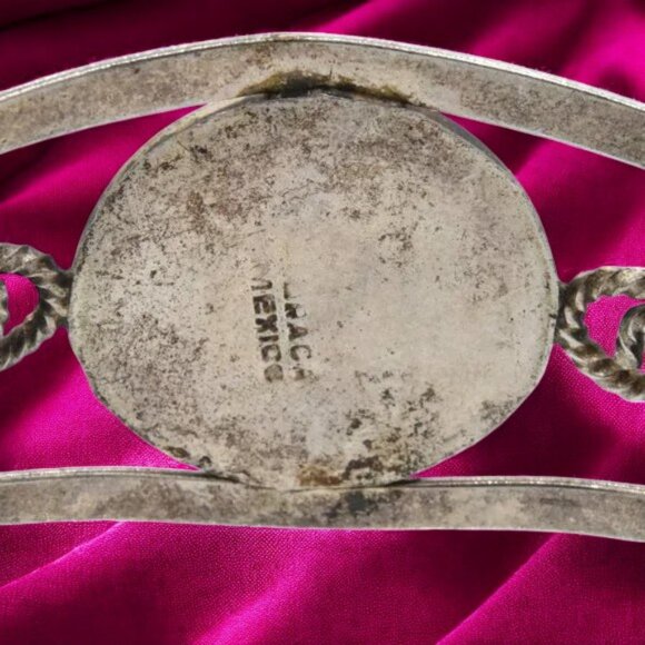 Vintage Floral Alpaca Mexico Enamel MOP Cuff Bracelet Silver Tone - Picture 7 of 7